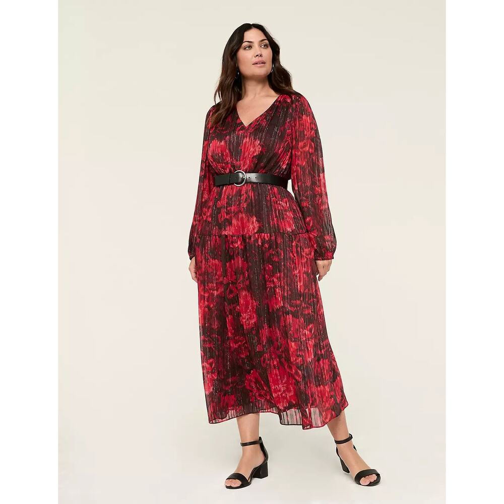 Lane Bryant Lurex Shimmer Shirred-Shoulder Maxi Dress Size 24 Red NEW